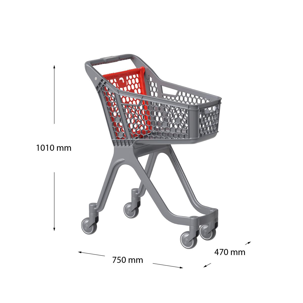 Пластиковая покупательская тележка VIBE, 60 литров, серая, задняя стенка красная