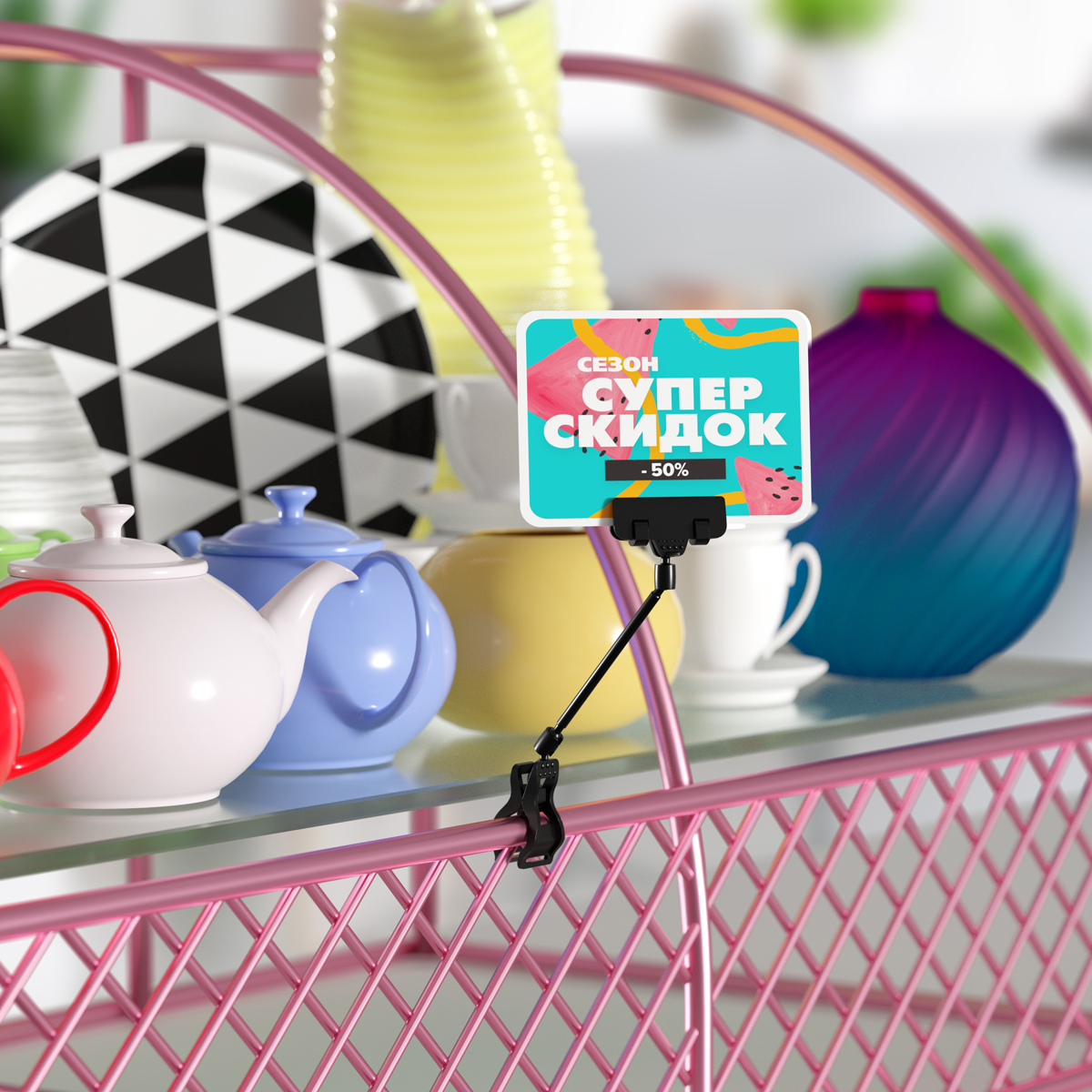 Универсальный ценникодержатель на прищепке с узким зажимом FX-CLAMP-SLIM, ножка 100 мм, цвет черный