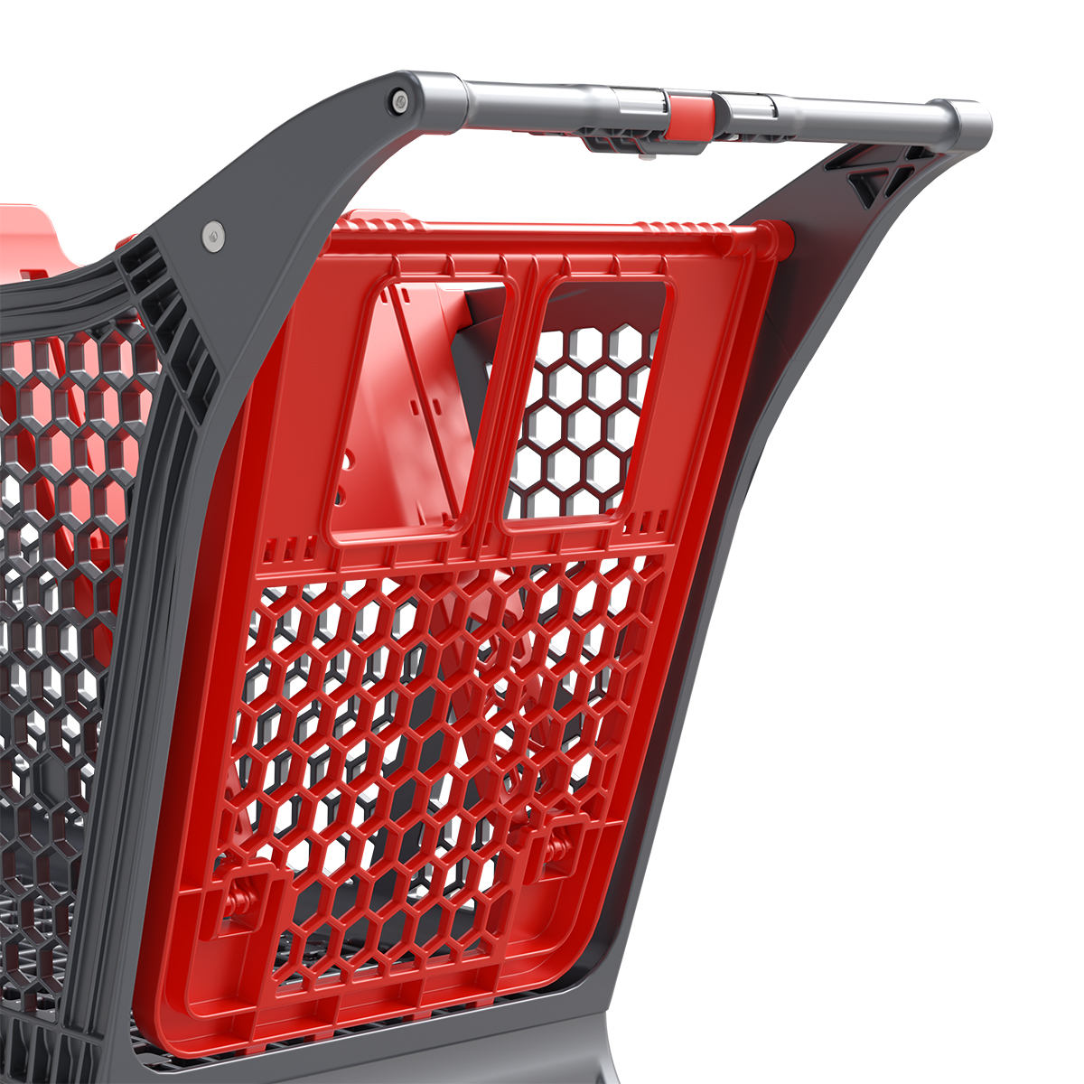 Пластиковая покупательская тележка DRIFT, 180 литров, серая, c красными д\с, разделителем, полкой