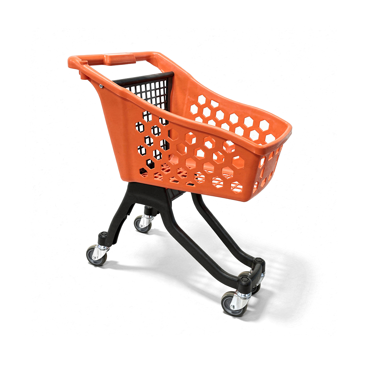 Пластиковая покупательская тележка детская 25 литров, оранжевая, задняя стенка черная