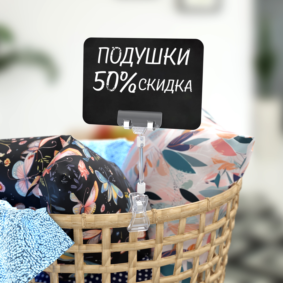 Универсальный ценникодержатель на прищепке с узким зажимом FX-CLAMP-SLIM, ножка 50 мм, цвет прозрачный