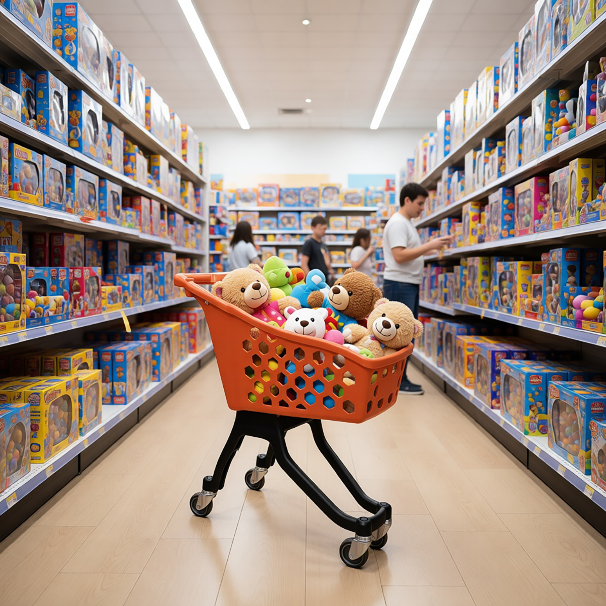 Пластиковая покупательская тележка детская 25 литров, оранжевая, задняя стенка черная