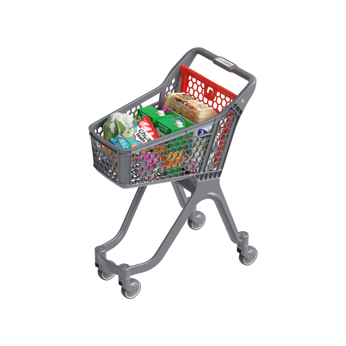 Пластиковая покупательская тележка VIBE, 60 литров, серая, задняя стенка красная