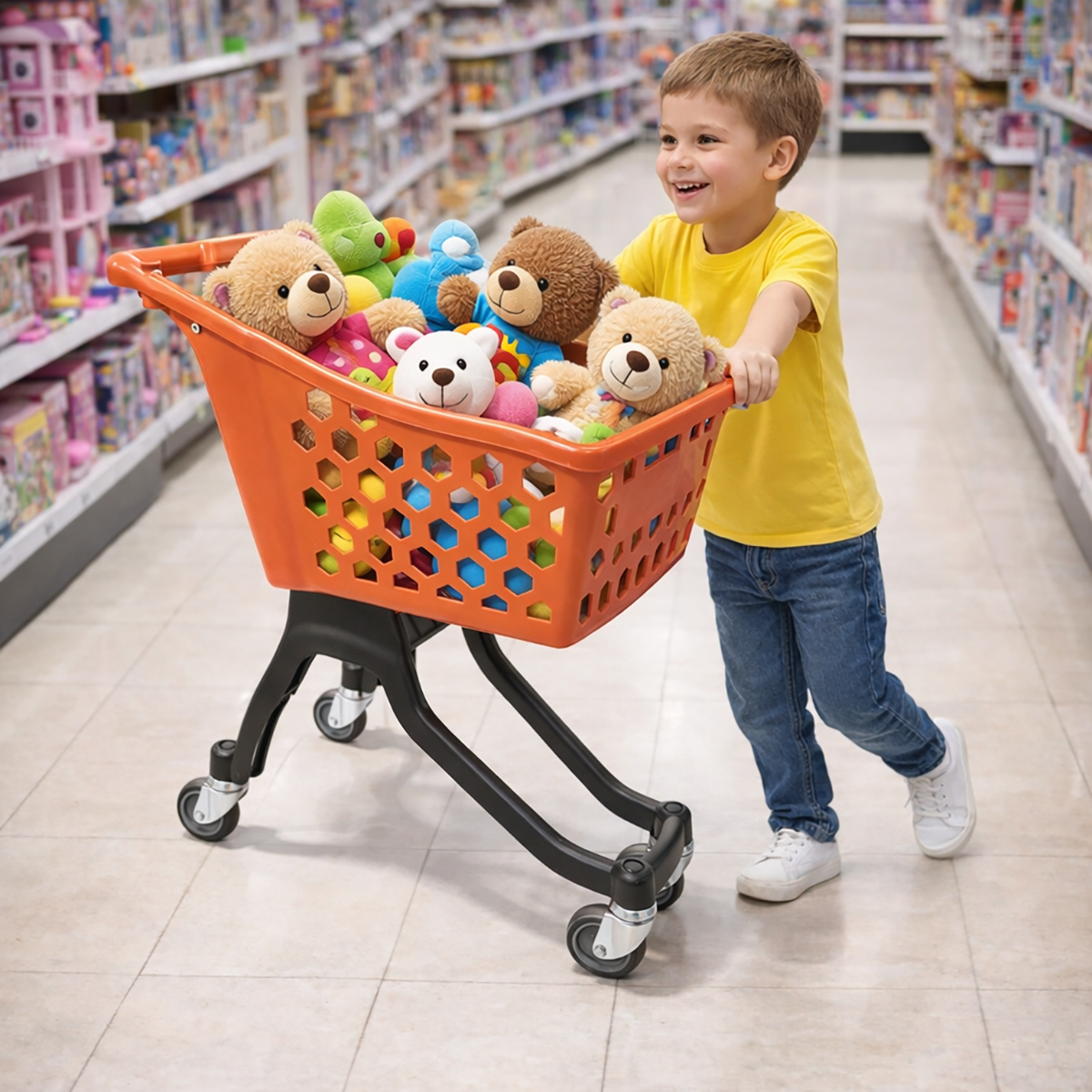 Пластиковая покупательская тележка детская 25 литров, оранжевая, задняя стенка черная