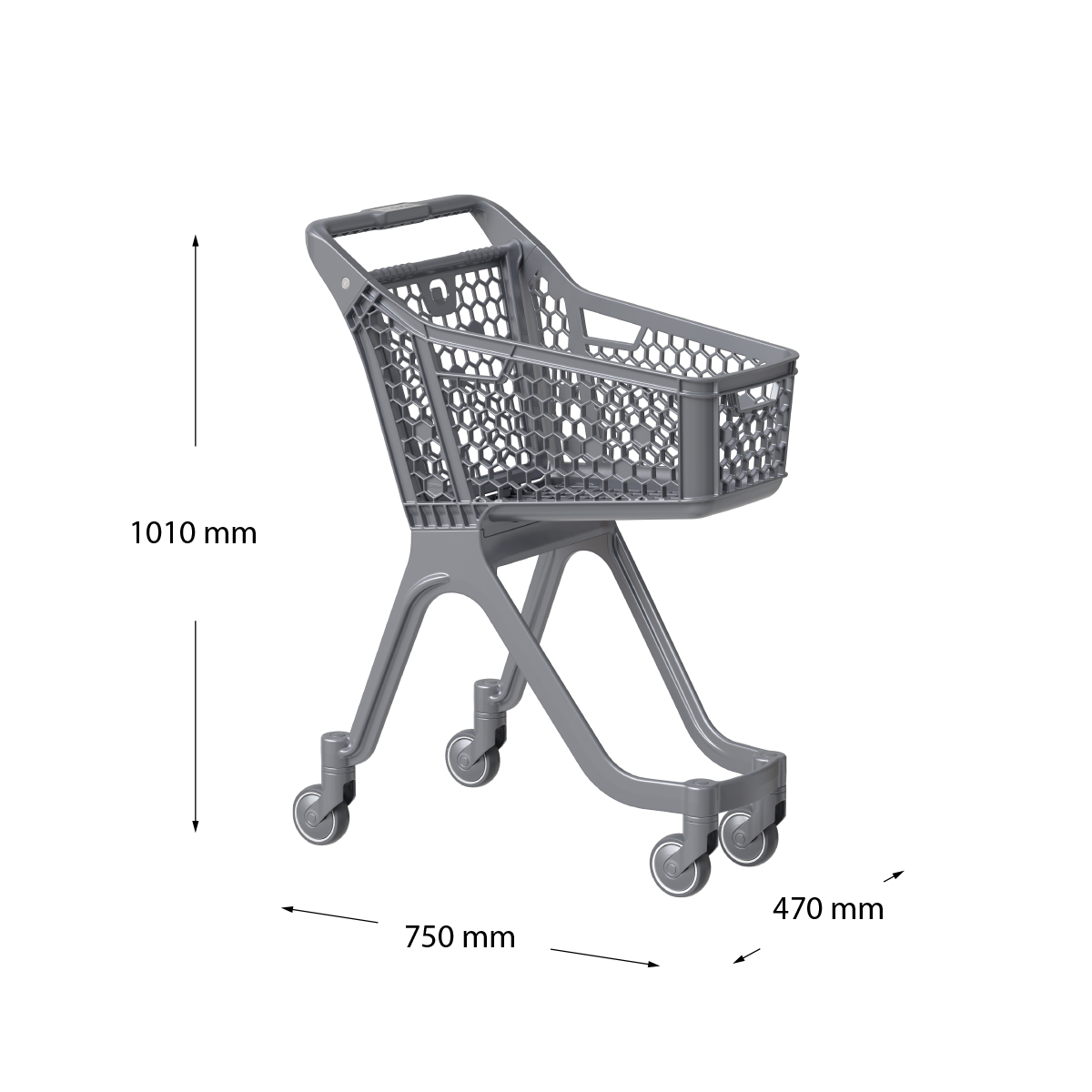 Пластиковая покупательская тележка VIBE, 60 литров, серая, задняя стенка серая