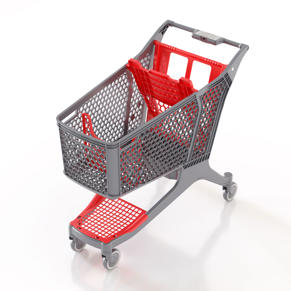 Пластиковая покупательская тележка DRIFT, 180 литров, серая, c красными д\с, разделителем, полкой