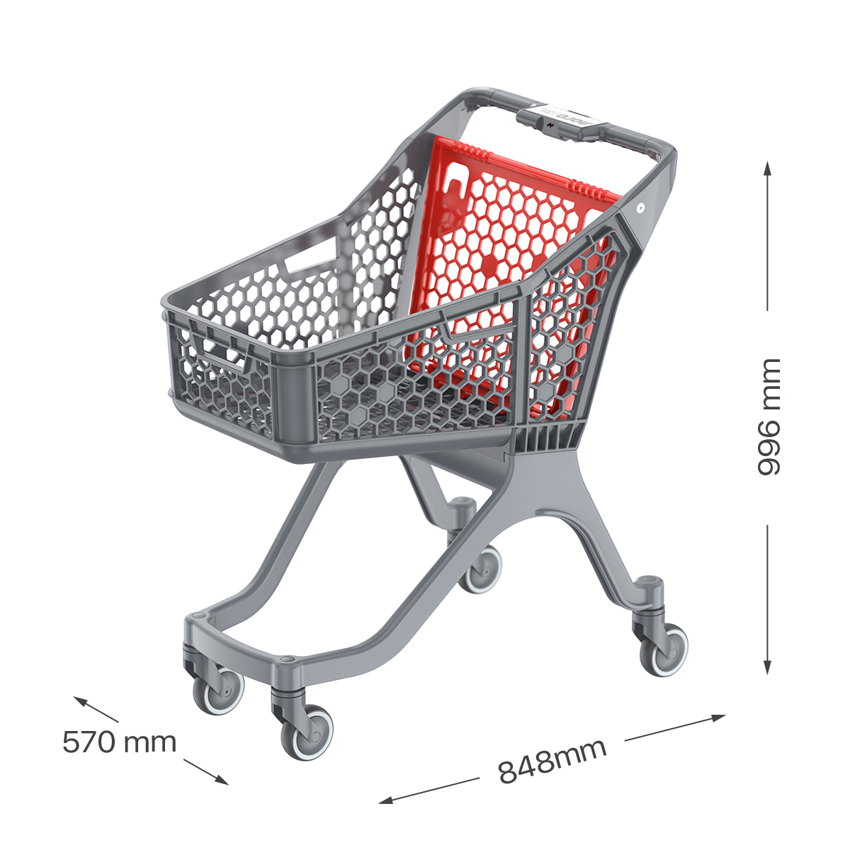 Пластиковая покупательская тележка SURF S, 100 литров, серая, цвет задней стенки красный