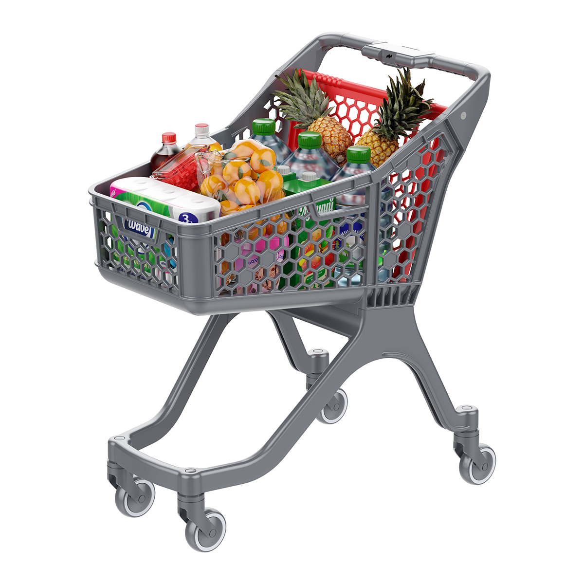 Пластиковая покупательская тележка SURF S, 100 литров, серая, цвет задней стенки красный