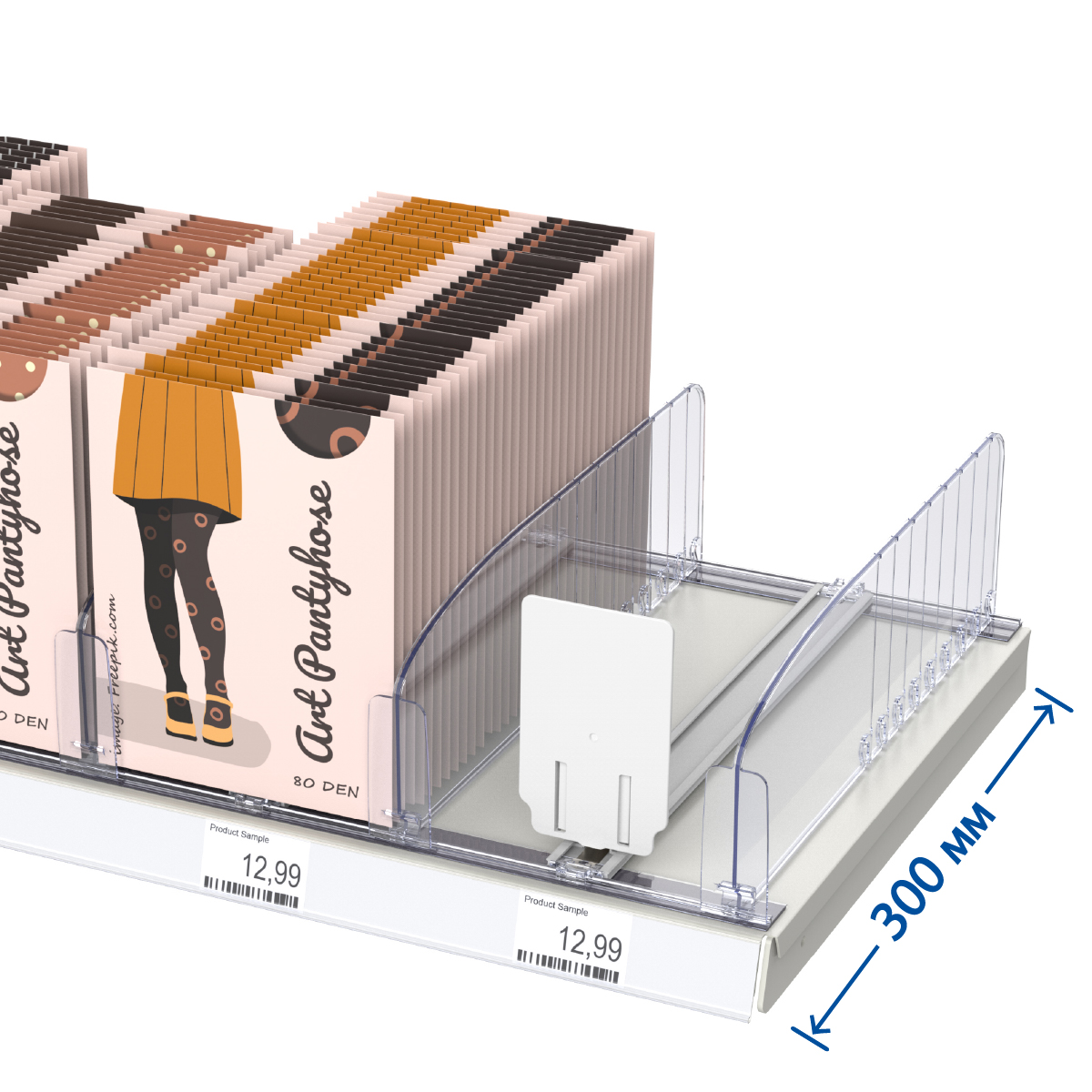 Комплект на магнитном профиле для выкладки колготок для полки глубиной 300 мм.