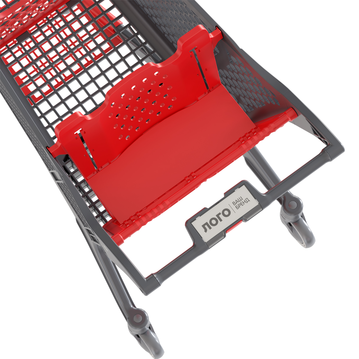 Пластиковая покупательская тележка DRIFT, 180 литров, серая, c красными д\с, разделителем, полкой