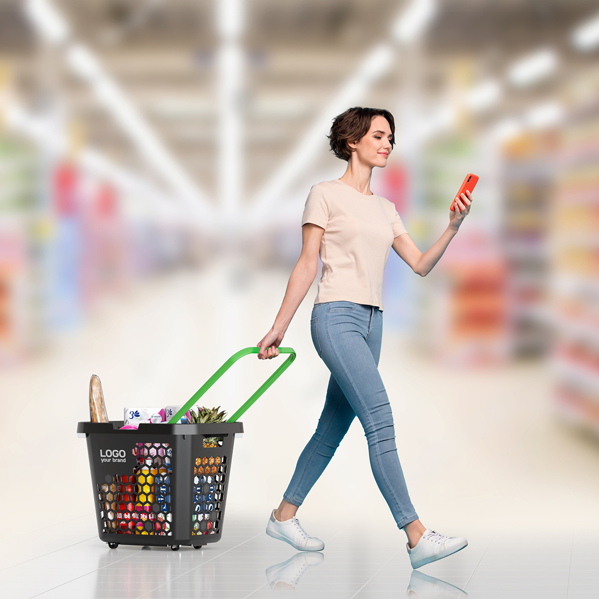 Корзина-тележка пластиковая TECHNO XL, 80 литров, черная, ручка салатовая