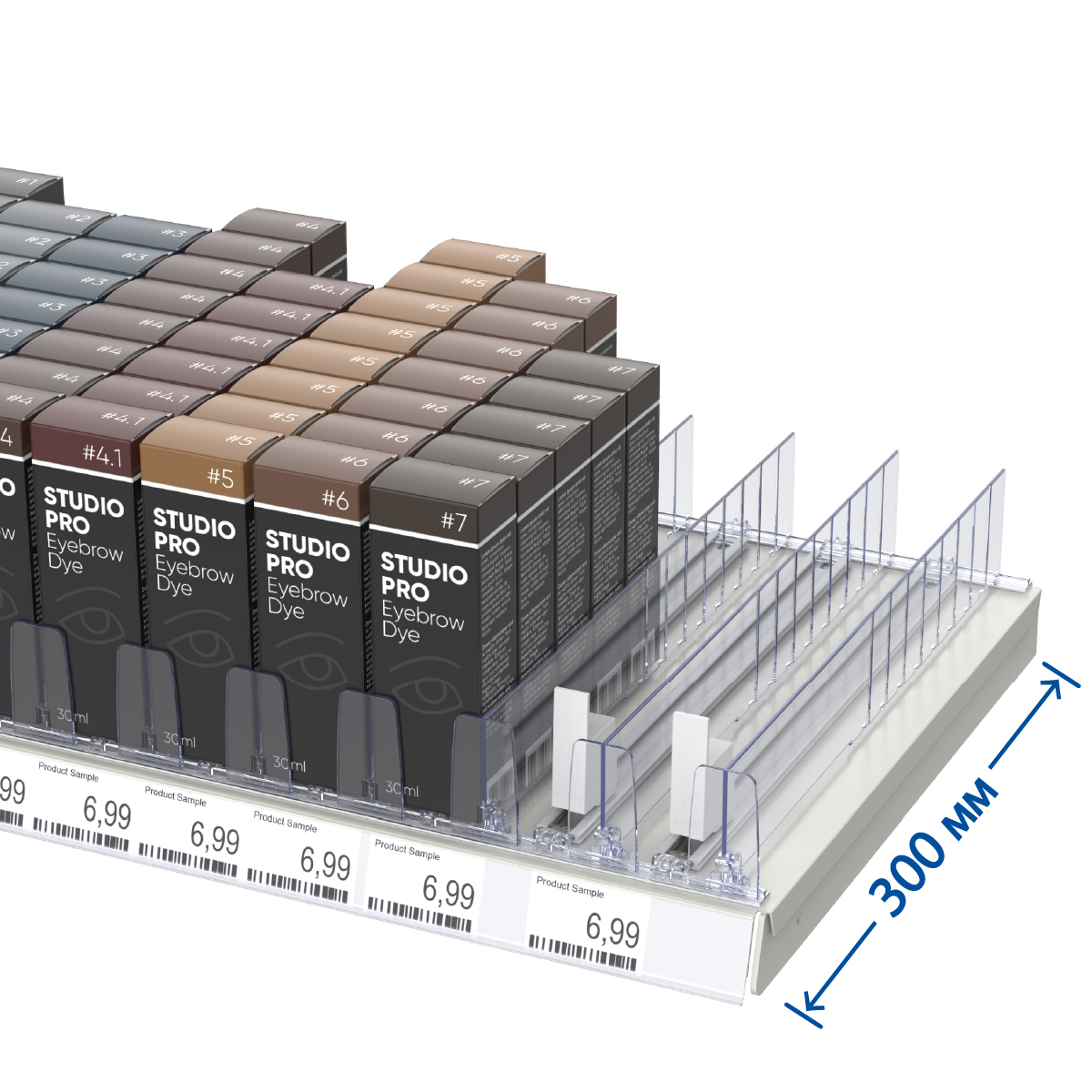 Комплект для выкладки узких товаров для полки глубиной 300 мм.