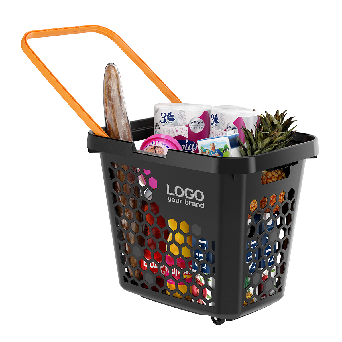 Корзина-тележка пластиковая TECHNO XL, 80 литров, черная, ручка оранжевая