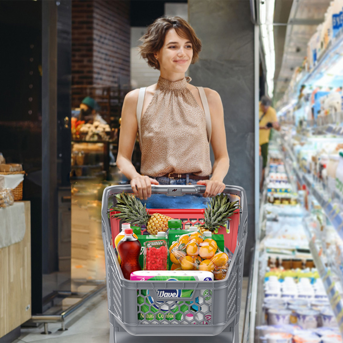 Пластиковая покупательская тележка SURF S, 100 литров, серая, цвет задней стенки красный