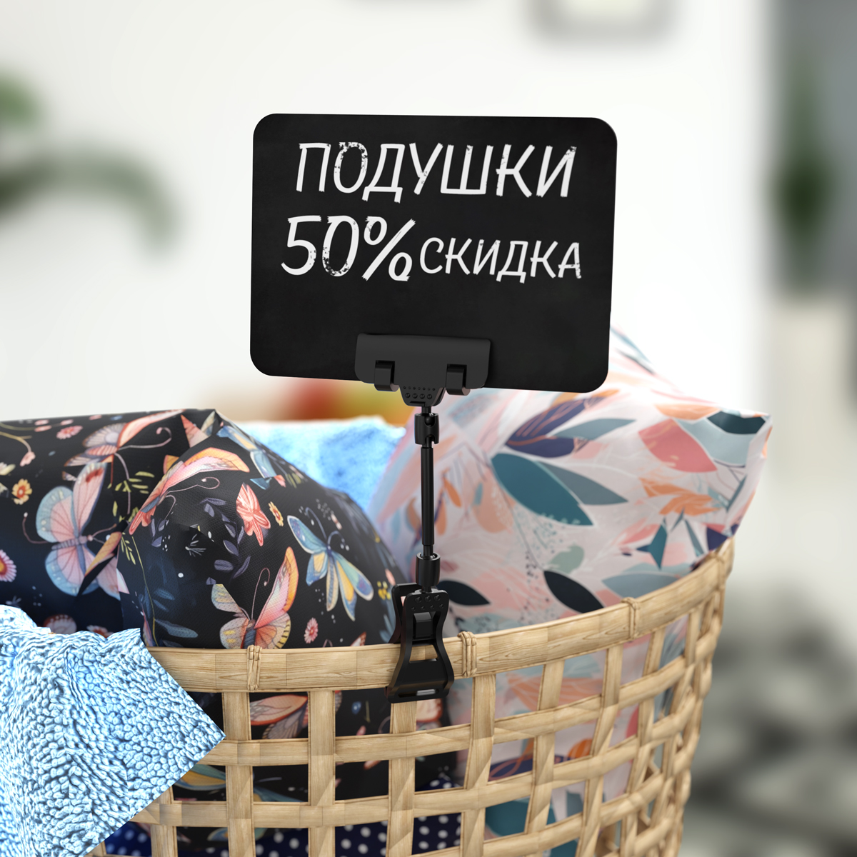 Универсальный ценникодержатель на прищепке с узким зажимом FX-CLAMP-SLIM, ножка 50 мм, цвет черный