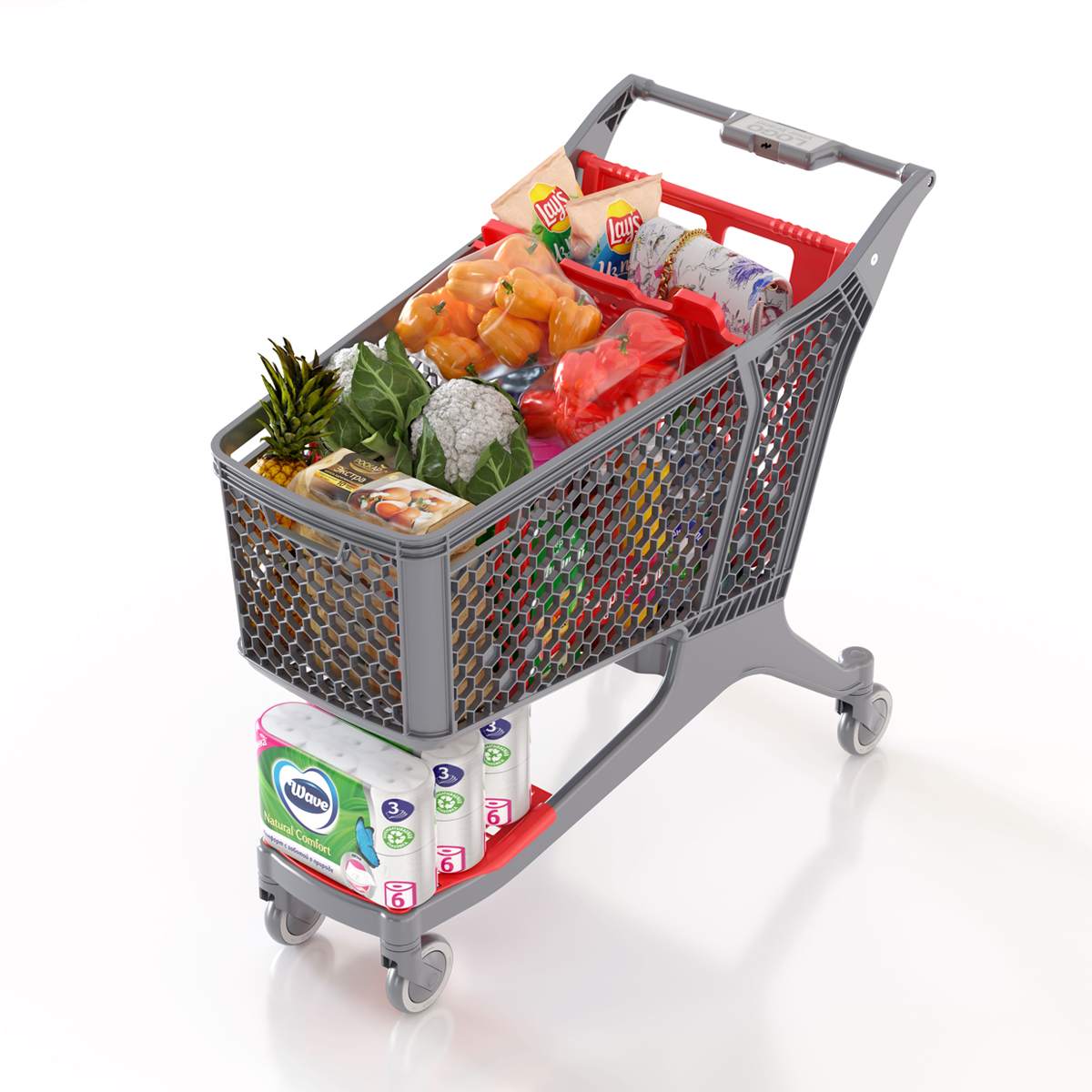 Пластиковая покупательская тележка DRIFT, 180 литров, серая, c красными д\с, разделителем, полкой