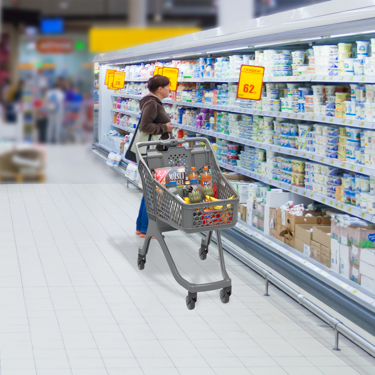 Пластиковая покупательская тележка SURF S серая, с детским креслом