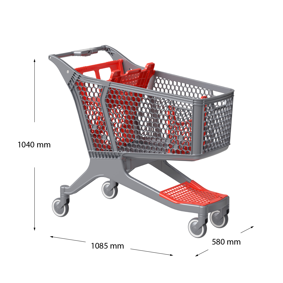 Пластиковая покупательская тележка DRIFT, 180 литров, серая, c красными д\с, разделителем, полкой