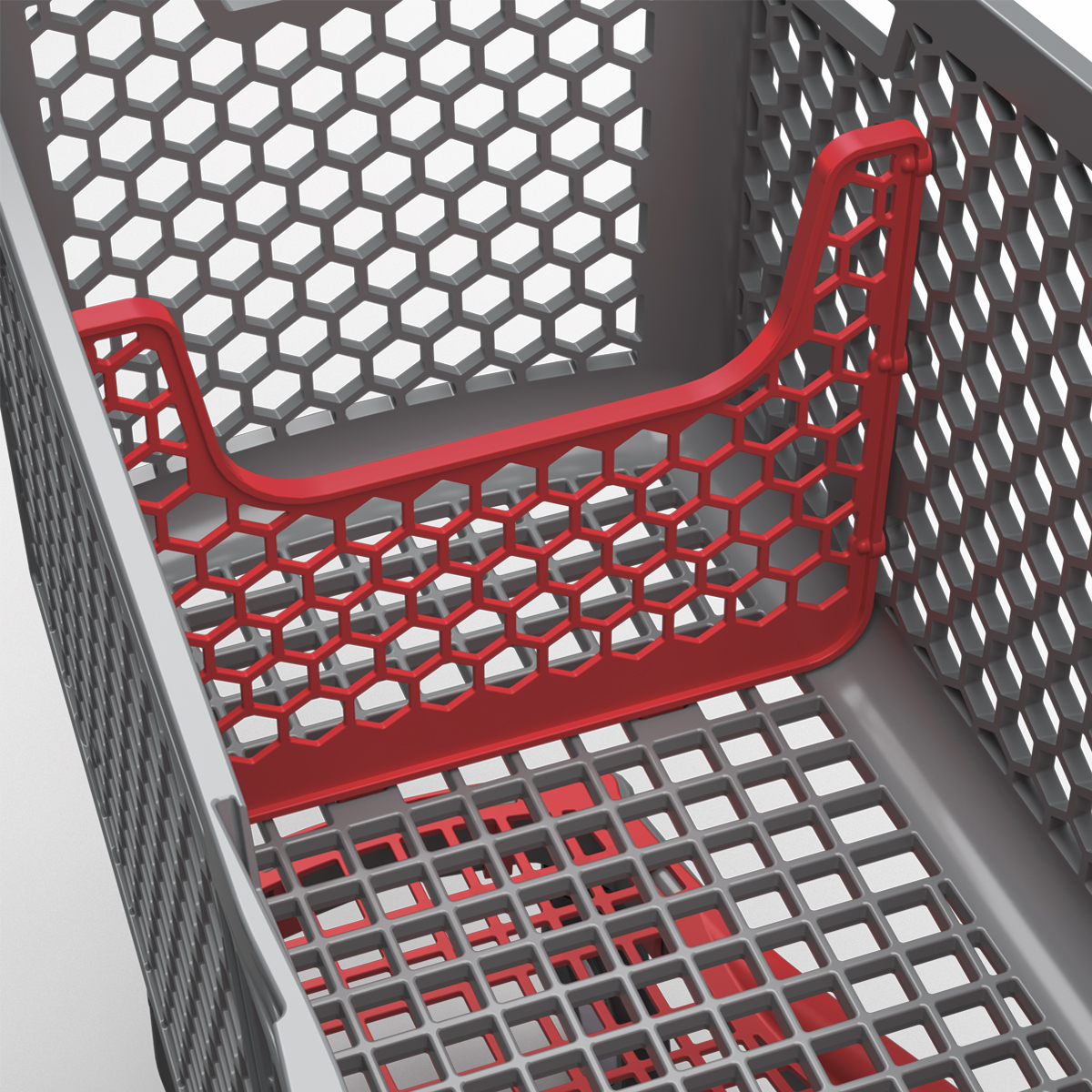 Пластиковая покупательская тележка DRIFT, 180 литров, серая, c красными д\с, разделителем, полкой