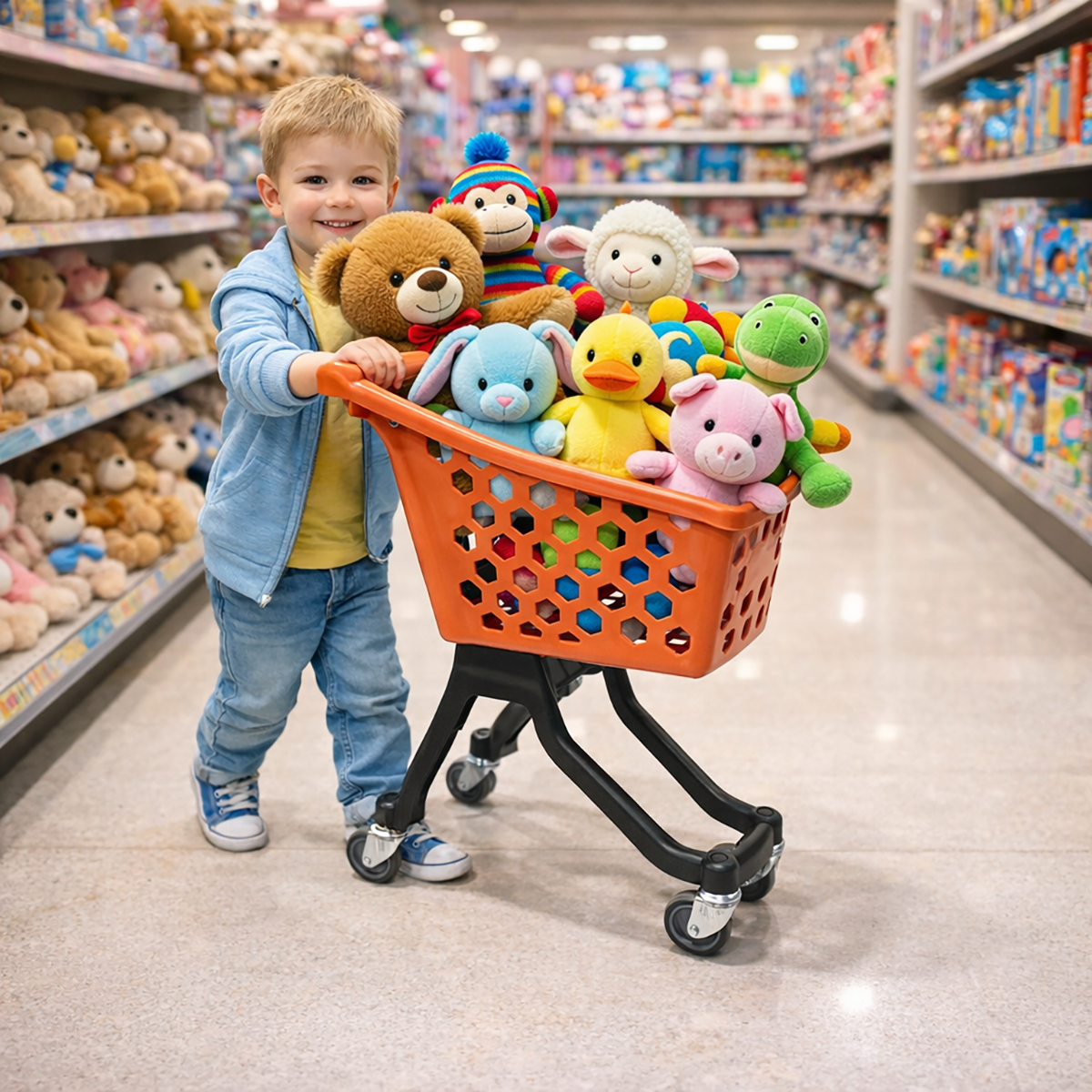 Пластиковая покупательская тележка детская 25 литров, оранжевая, задняя стенка черная