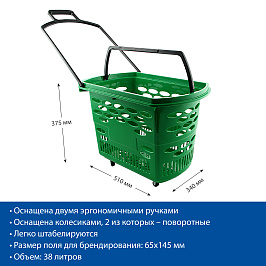 Корзина-тележка пластиковая с 2 пластиковыми ручками, TECHNO, цвет зеленый